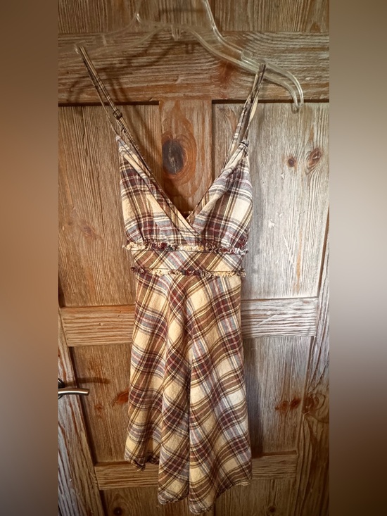 Free People Dresses & Skirts - Free People Plaid Spaghetti Strap Mini Dress in Cream and Brown